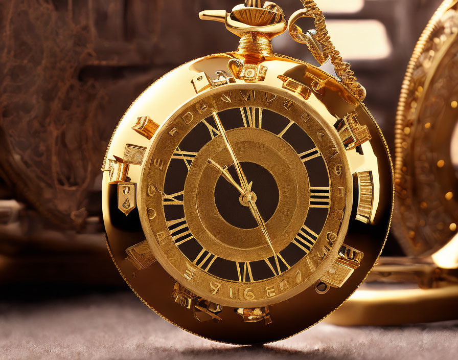 Detailed Close-Up of Ornate Golden Pocket Watch with Roman Numerals