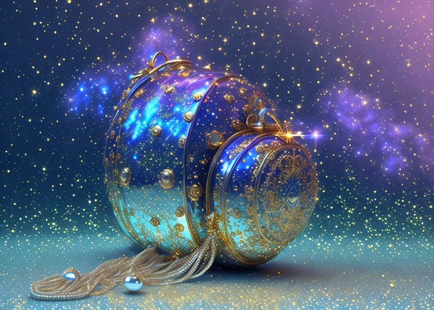 Ornate cosmic sphere with golden accents on celestial backdrop
