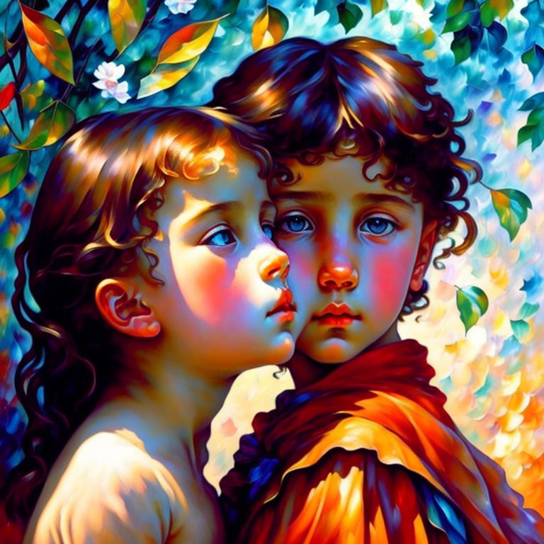 Two children in nature with vibrant foliage, one in orange cloth, looking up.