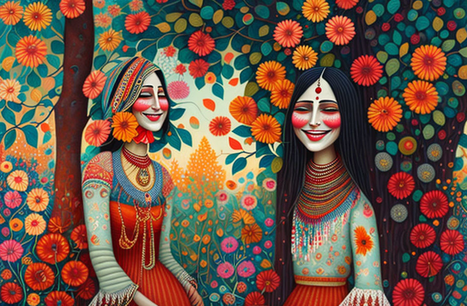 Colorful digital artwork of two women in traditional attire amidst vibrant flora