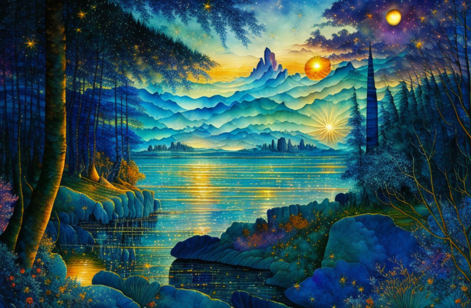 Vivid Fantasy Landscape: Blue Mountains, Starlit Sky, Shimmering River