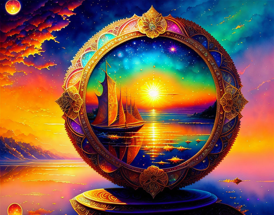 Artistic Image: Ship sailing on calm waters at sunset in ornate circular frame