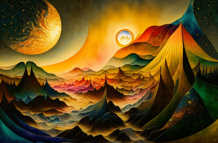 Surreal artwork of undulating hills and starry sky
