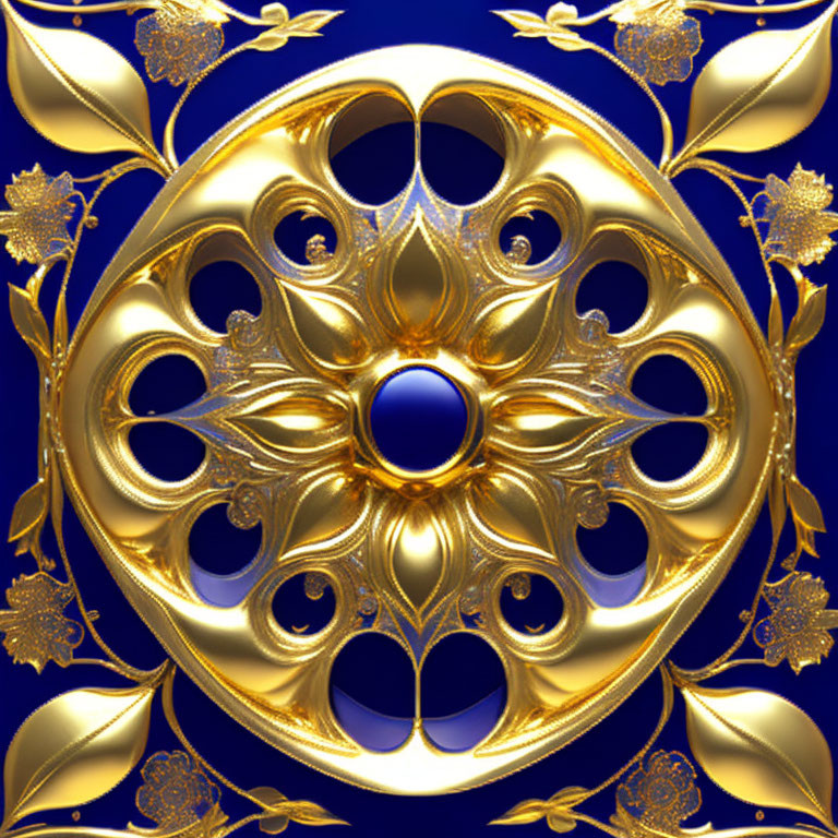 Symmetrical golden floral pattern on deep blue background