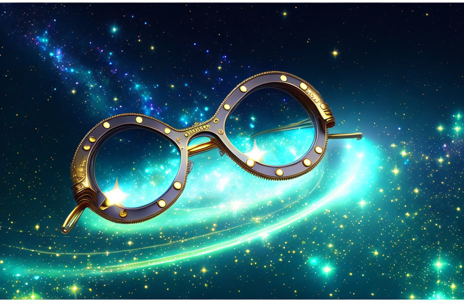 Steampunk-style glasses in space with stars and nebulae, glowing orbits
