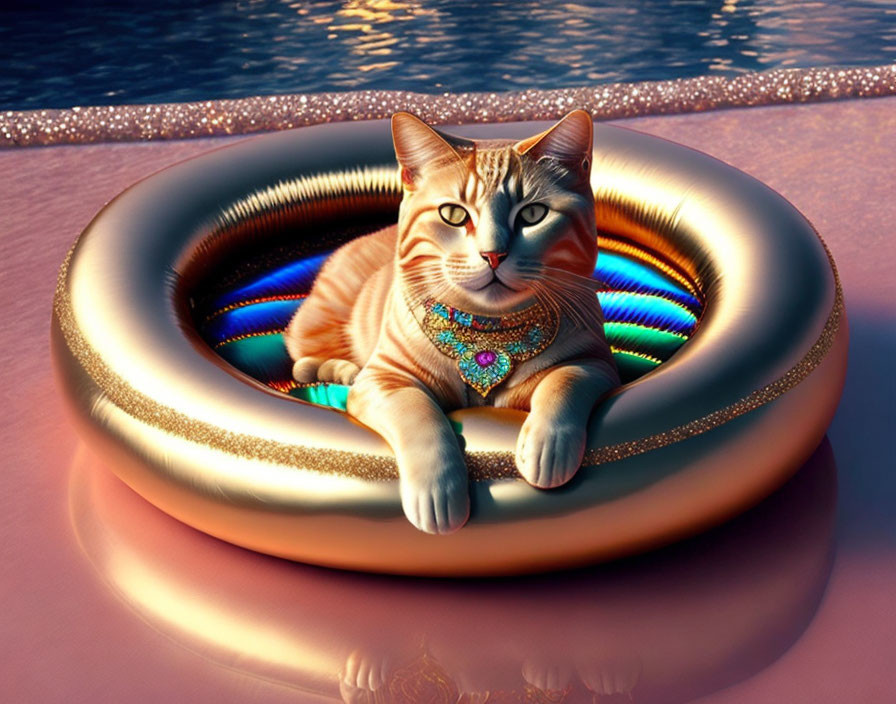 Cat relaxing on golden inflatable ring at sunset over tranquil water