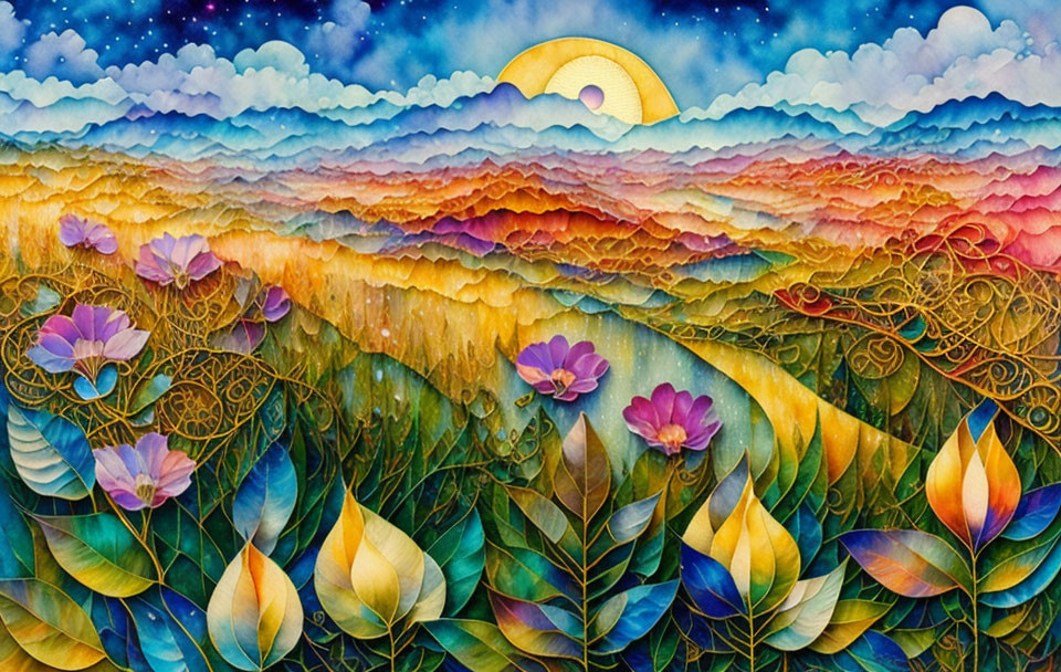 Vibrant painting of stylized hills, flowers, leaves under starry sky