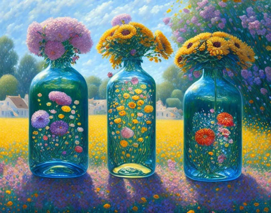 Assorted flowers in glass jars with floral field backdrop.