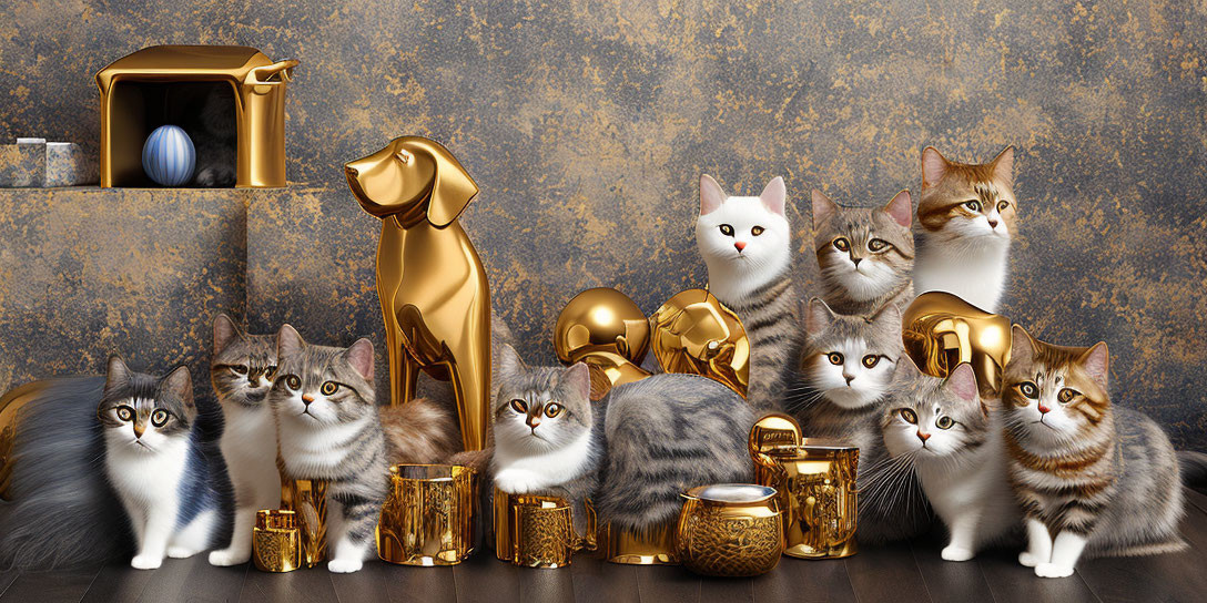 Group of Cats with Gold Household Items on Gold and Blue Background