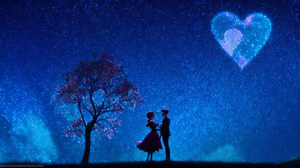 Silhouetted couple under starry night sky with heart constellation and glowing tree