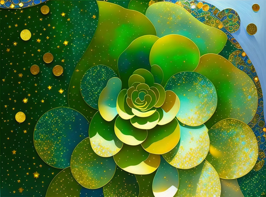Fractal Flower Digital Art: Vibrant Greens and Golds on Cosmic Background