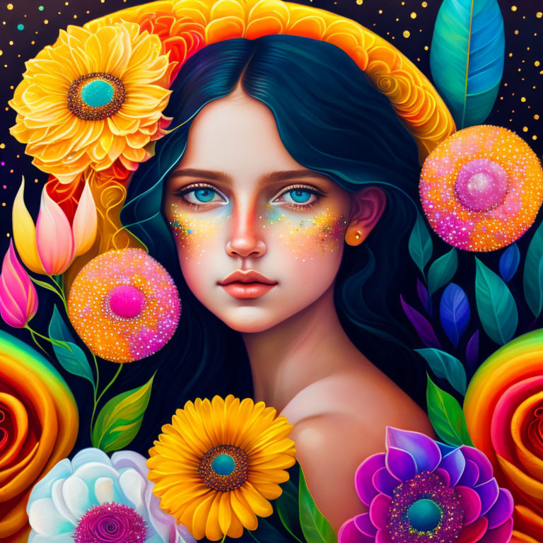 Digital illustration: Woman with blue eyes, colorful flowers, cosmic theme.