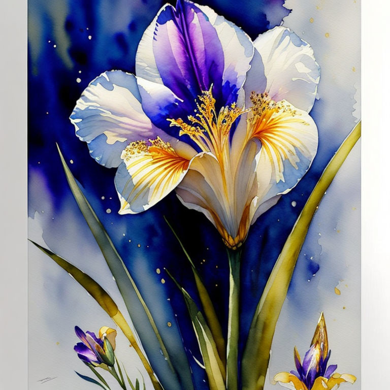 Colorful Watercolor Painting of Iris Flower in Purple and White on Blue Background