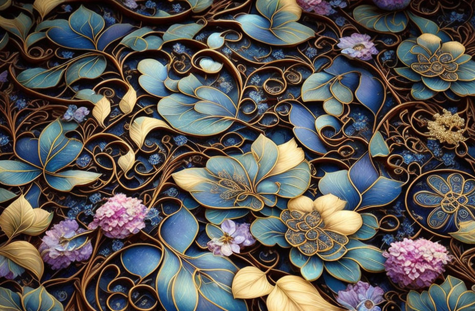 Blue and Gold Floral Pattern on Dark Background