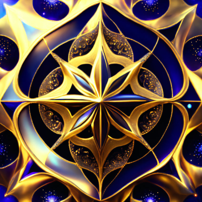 Symmetrical Golden Patterns on Deep Blue Background with Star-like Shapes