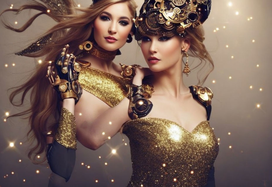 Luxurious golden steampunk attire on two women with intricate headgear against twinkling lights