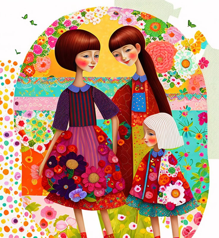 Colorful Stylized Girls Illustration with Birds and Flowers
