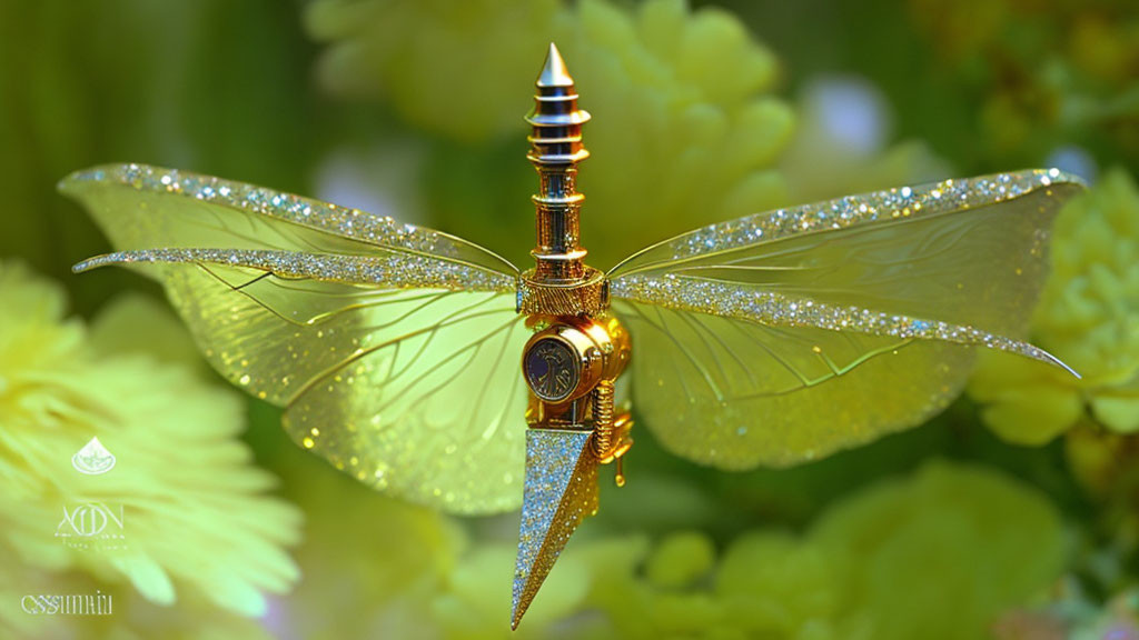 Intricate metallic dragonfly sculpture with glittery wings on green foliage.
