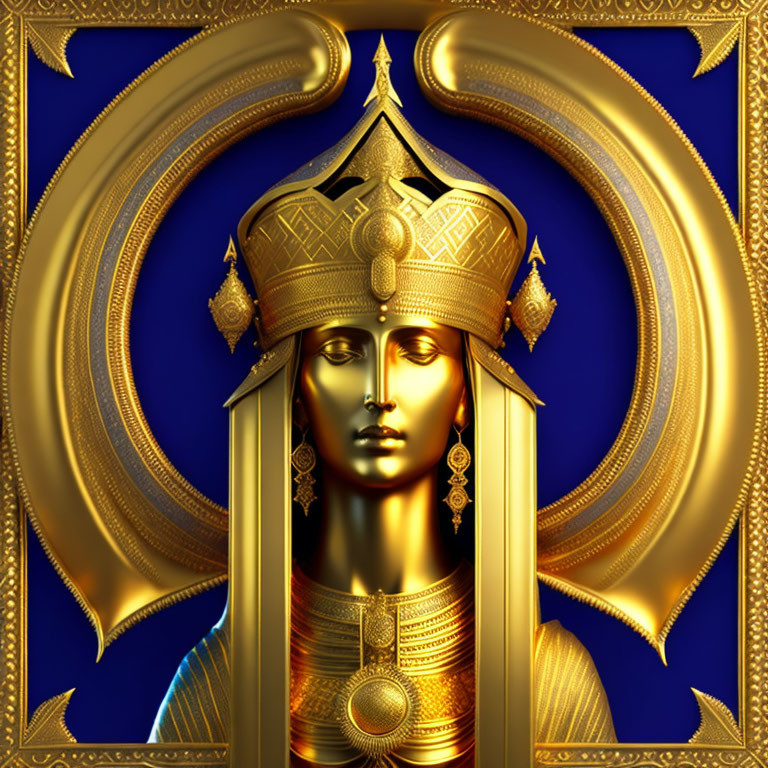 Golden Egyptian-style bust on blue background.