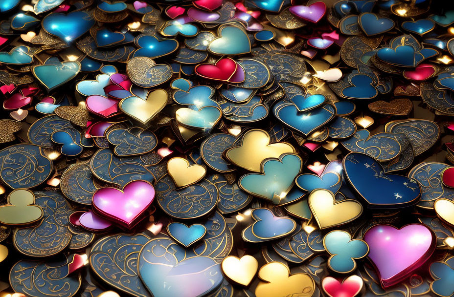 Assorted shiny metallic hearts in blue, gold, and pink with intricate patterns