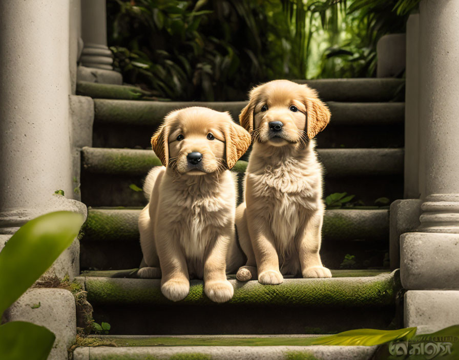 Adorable Golden Retriever Puppies on Outdoor Steps