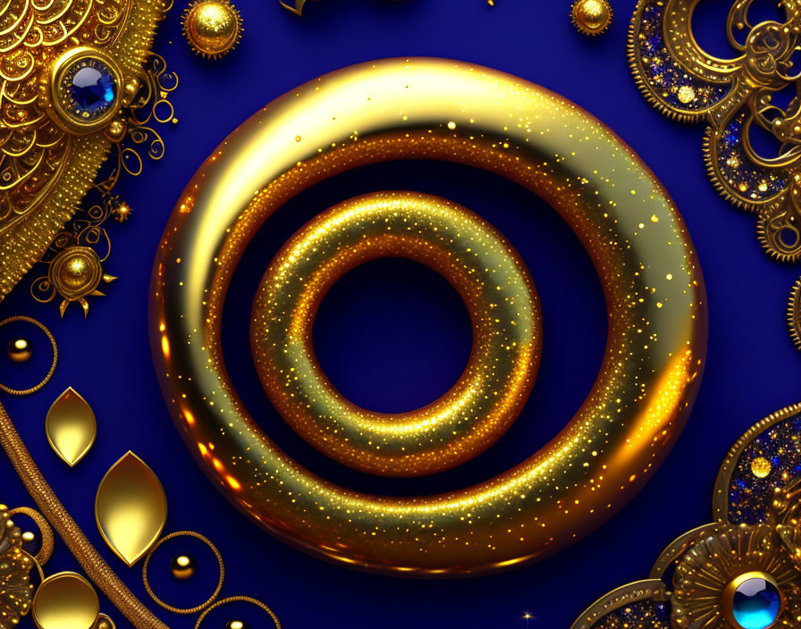 Golden Sparkling Spiral with Ornamental Designs and Jewels on Deep Blue Background