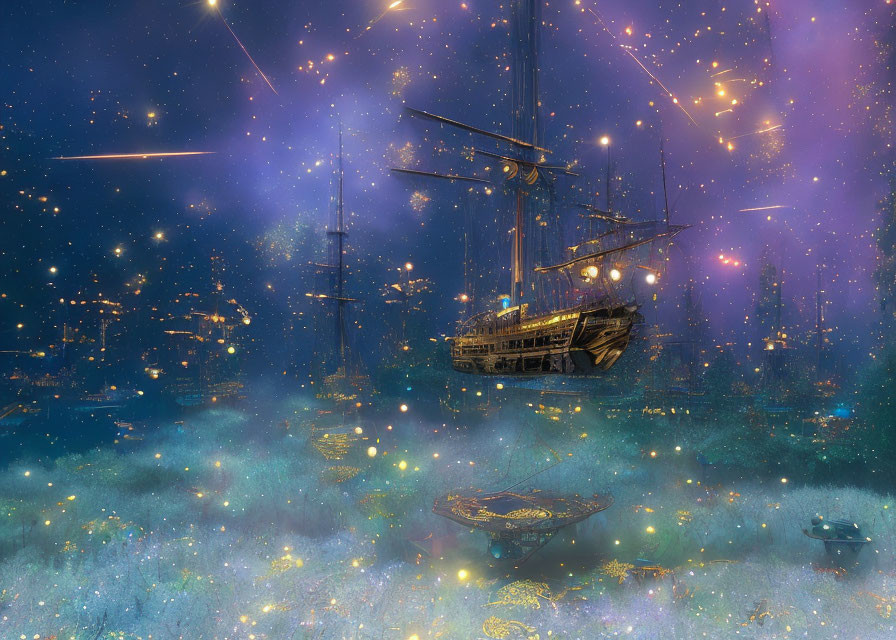 Old ship sailing through celestial space filled with stars and nebulous clouds