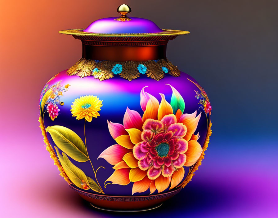 Colorful Porcelain Vase with Gold Accents and Floral Design