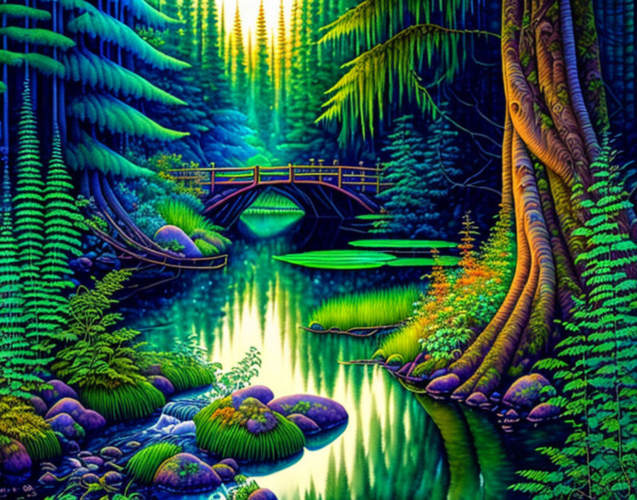 Colorful forest scene with wooden bridge and stream surrounded by lush greenery