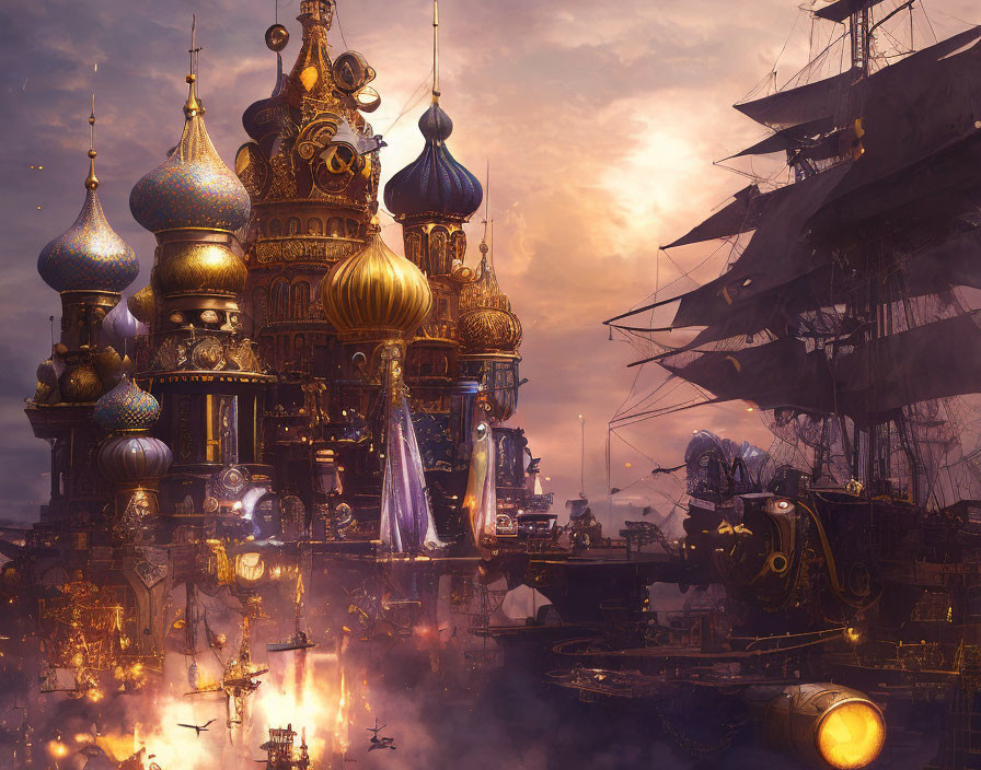 Ornate onion-domed cityscape with sailing ship at dusk