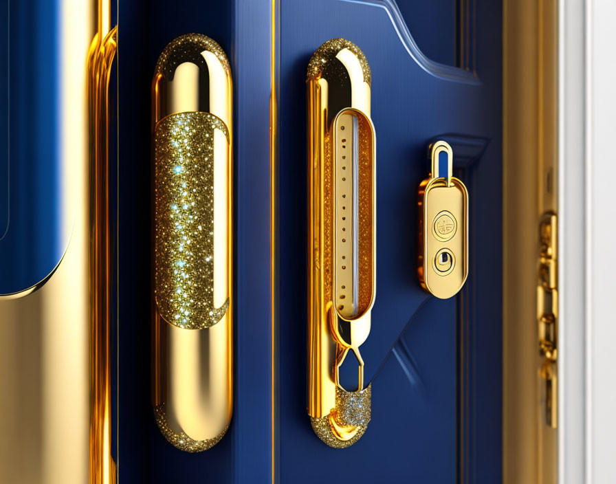 Luxurious Blue Door with Gold Trim, Sparkling Doorknob, and Ornate Key