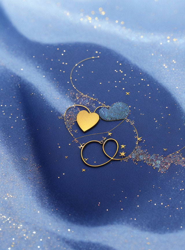 Abstract celestial scene with golden heart, rings, and glitter on blue satin fabric