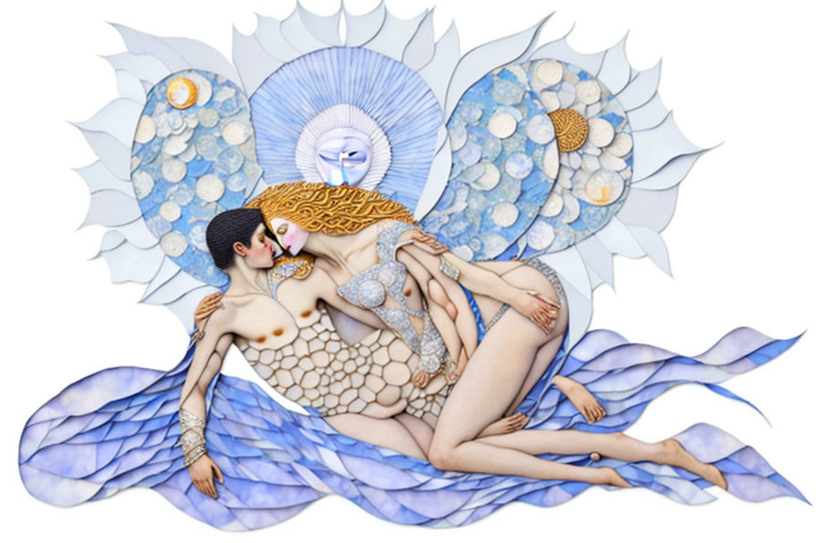 Fantastical illustration of entwined human figures with mermaid-like tails in blue and white palette