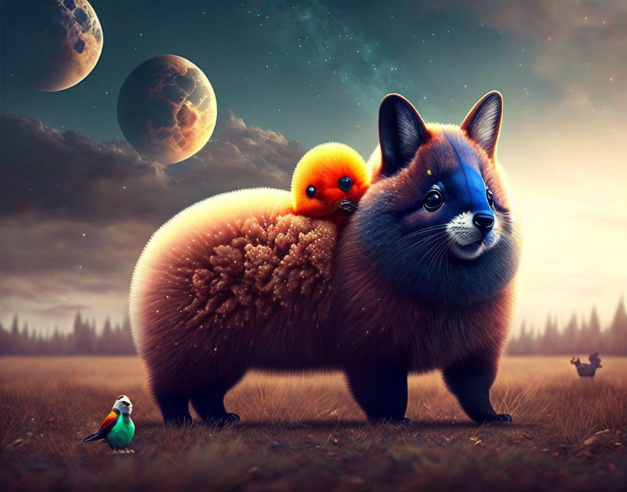 Fantastical oversized fluffy brown animal with orange bird on back under two moons