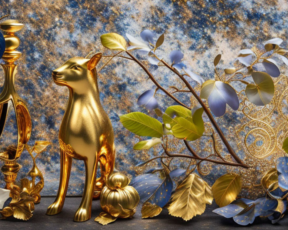 Surreal golden cat sculpture near mirror with blue and gold leaves on starry backdrop