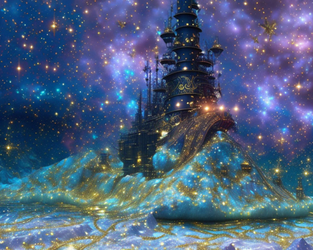 Sparkling Lights Fantasy Castle on Starry Night with Shimmering Hills