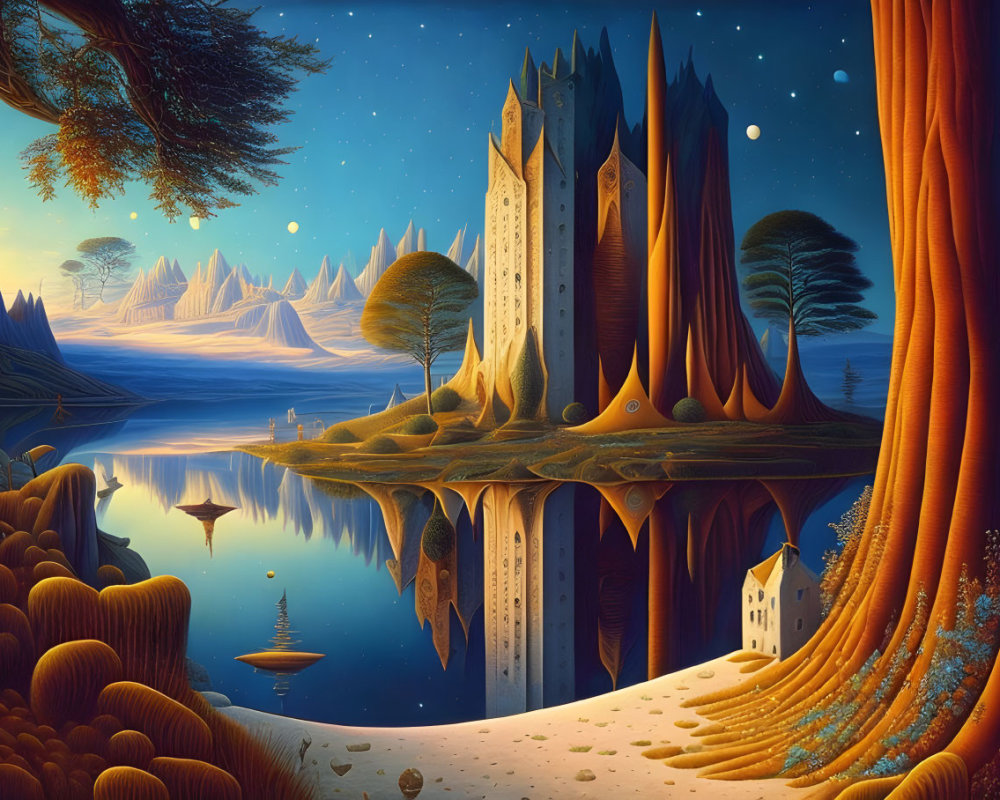Fantasy landscape with spires, lake reflection, orange trees, twilight sky