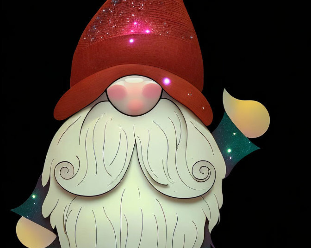 Illustration of whimsical gnome with red hat, white beard, rosy cheeks, and star decorations