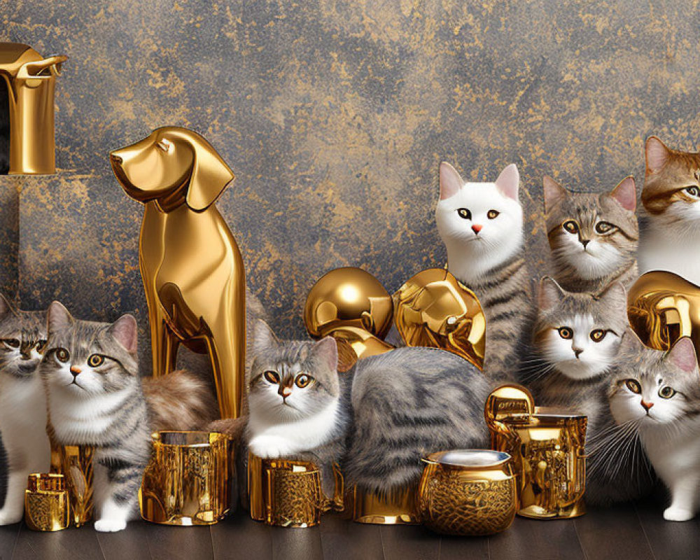 Group of Cats with Gold Household Items on Gold and Blue Background