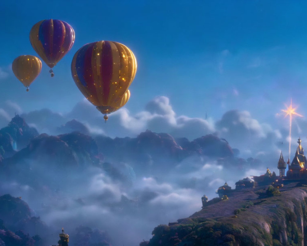 Hot Air Balloons Over Misty Mountains and Castle Landscape