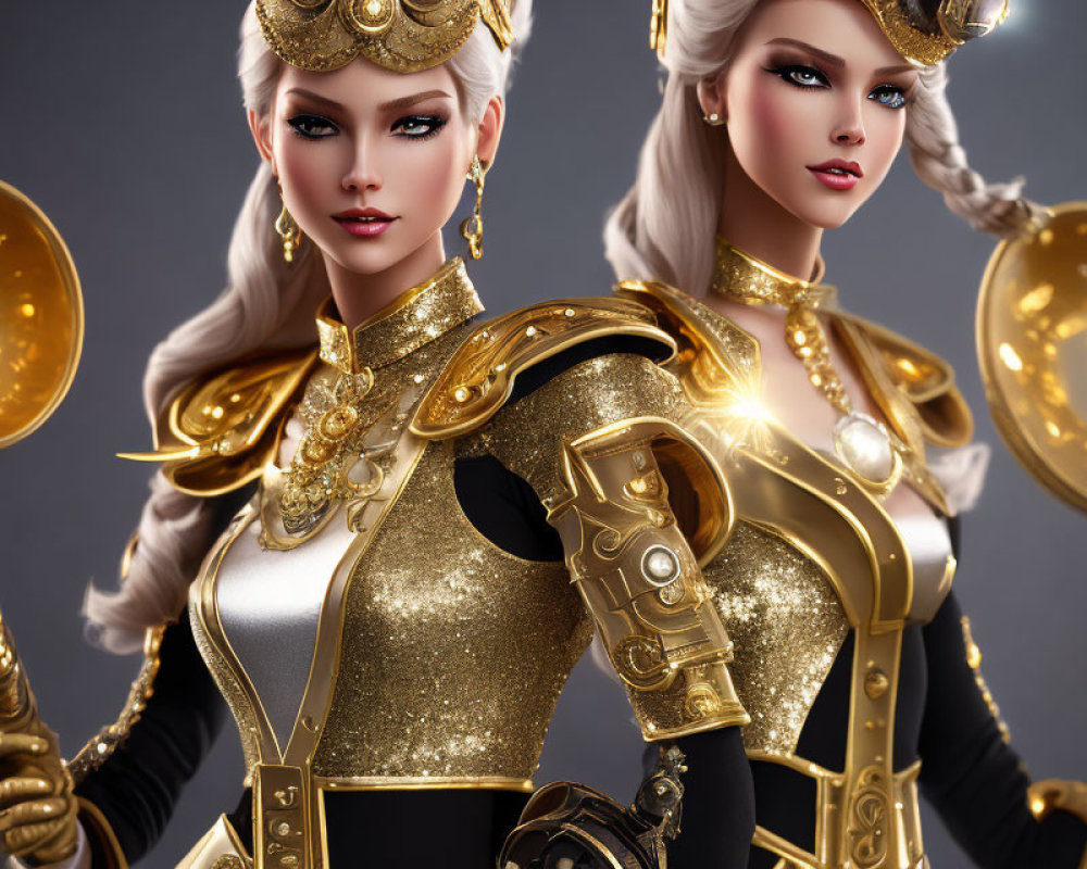 Identical Female Fantasy Warriors in Gold and Black Armor with Scepters