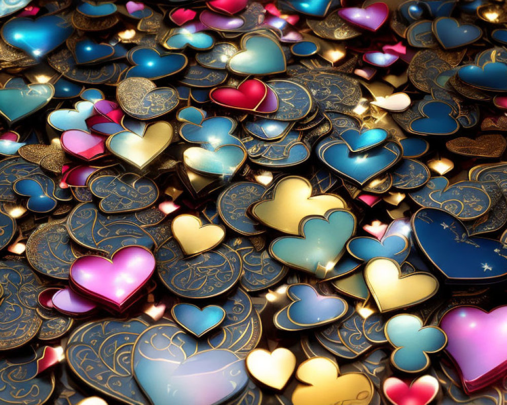 Assorted shiny metallic hearts in blue, gold, and pink with intricate patterns