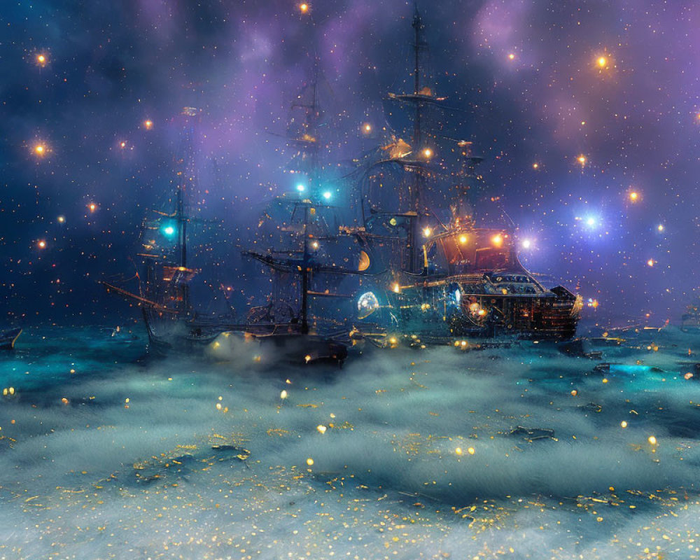 Ancient sailing ships in cosmic nebula with stars and lights