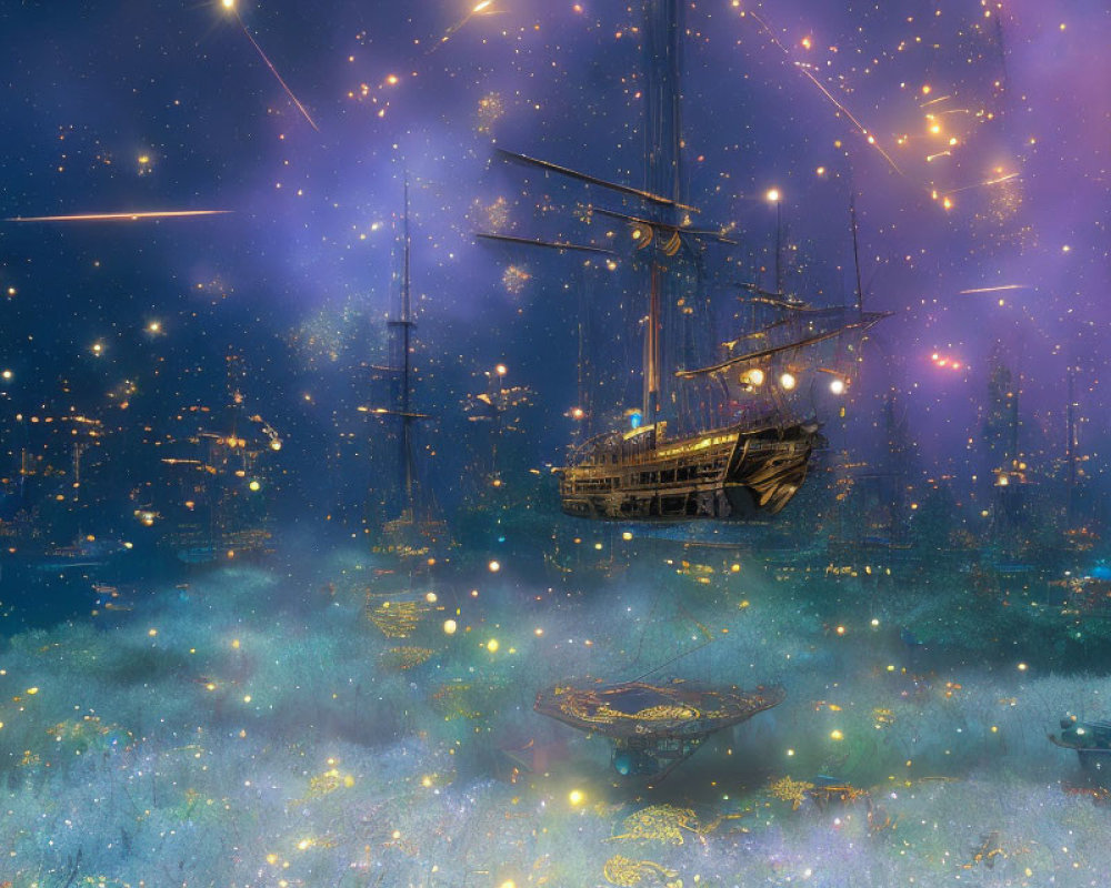 Old ship sailing through celestial space filled with stars and nebulous clouds