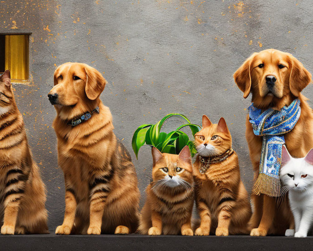 Five Cats and Two Dogs in Scarves Sitting in Front of Textured Wall
