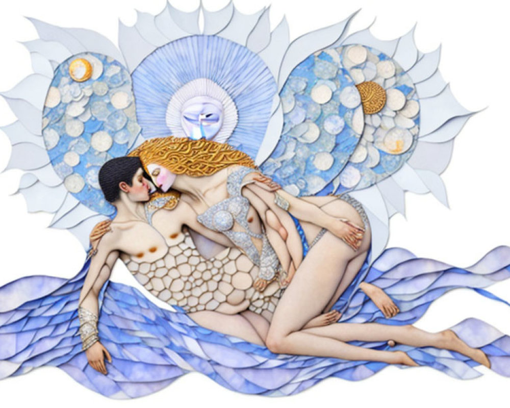 Fantastical illustration of entwined human figures with mermaid-like tails in blue and white palette