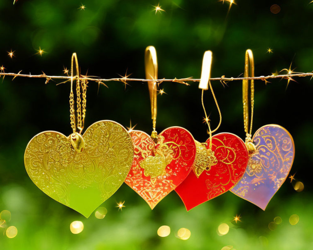 Four ornate heart-shaped pendants on a line with sparkling lights