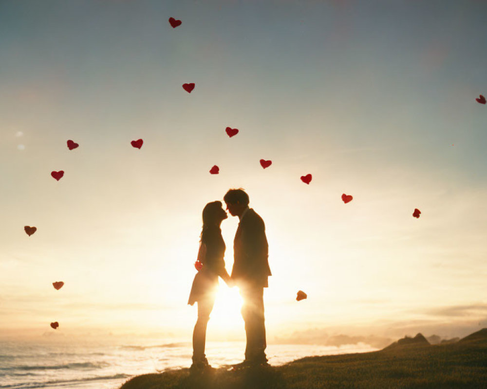 Romantic sunset kiss with heart-shaped balloons in the sky