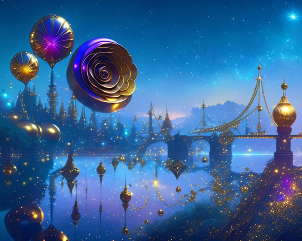 Fantasy night cityscape with floating lanterns, balloons, starry sky, ornate buildings,