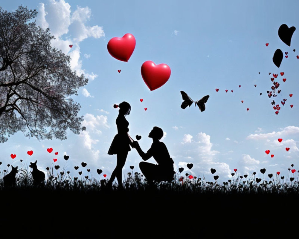 Silhouetted couple with heart-shaped balloons in field under blue sky